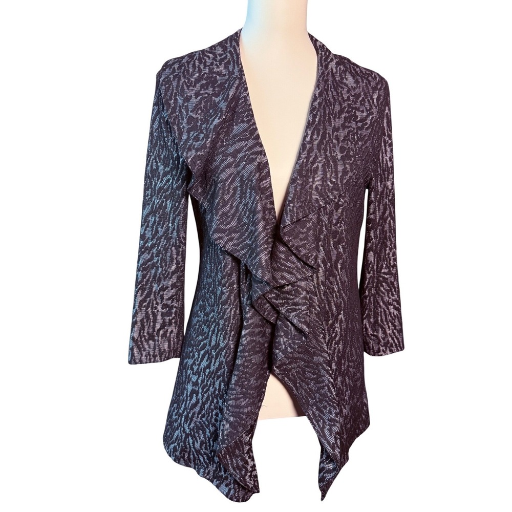 Kasper Womens Metallic Silver Black Zebra Print Ruffle Open Front Jacket Size 6